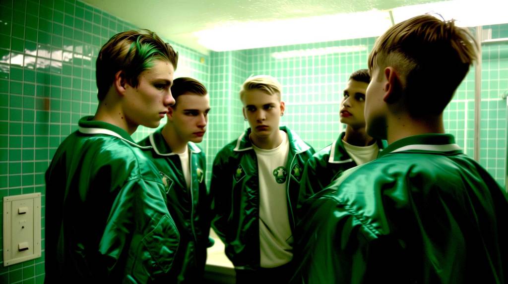 Five college-age men dressed in green for St. Patrick's Day behave suspiciously in a men's restroom.