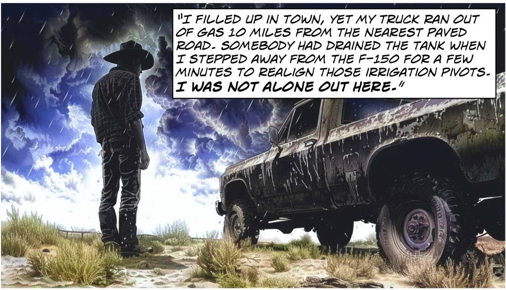 A cowboy stares at his truck that has run out of gas — and realizes that someone drained the tank.