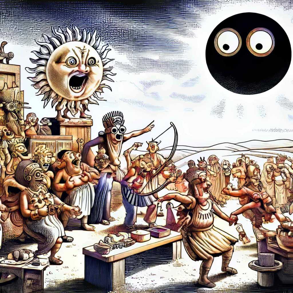 Whimsical cartoon illustration shows ancient people staging an eclipse ceremony.