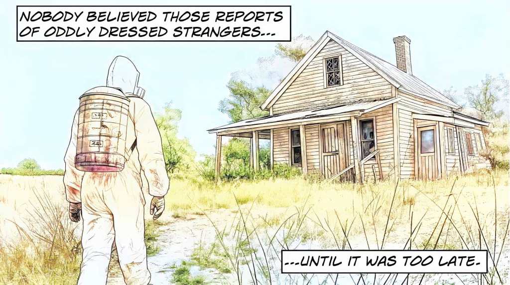 A lone figure in a hazmat suit approaches an abandoned farmhouse.