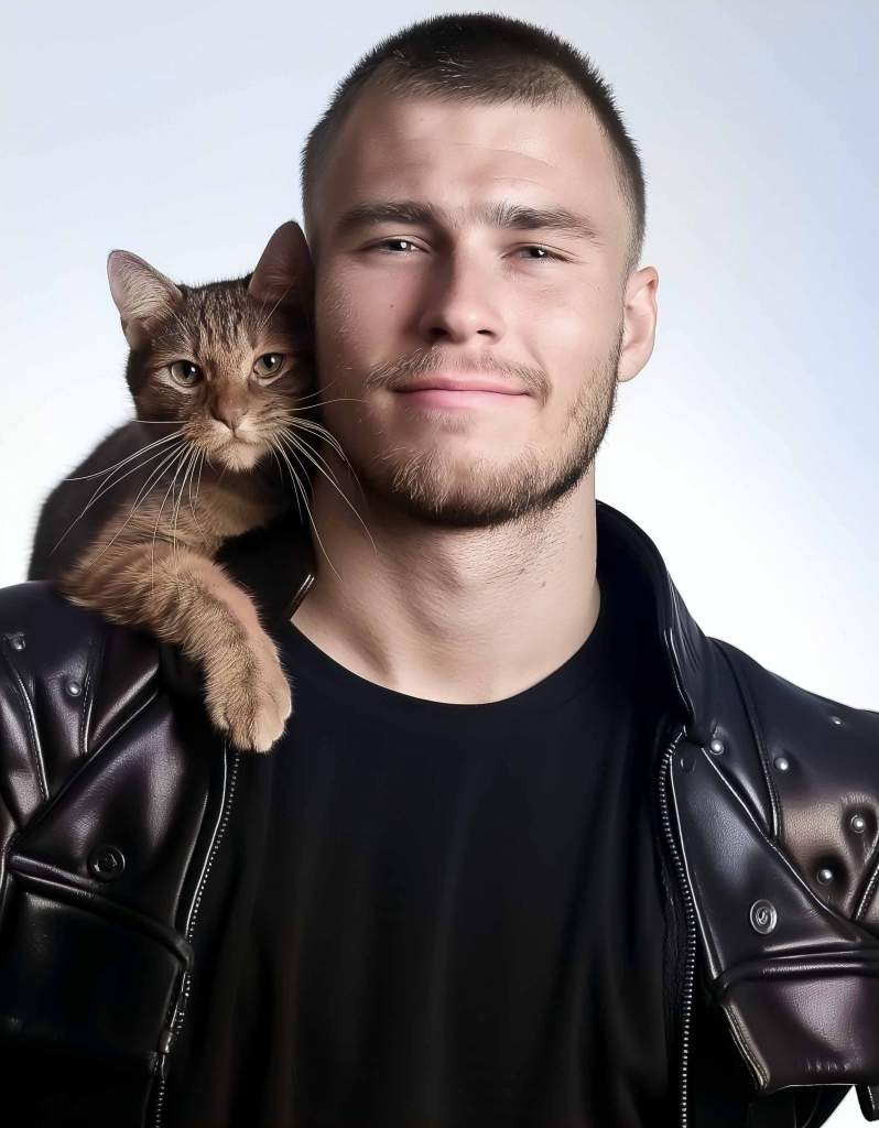 Image of a young, studly biker smiling as a tabby cat perches on his shoulder.