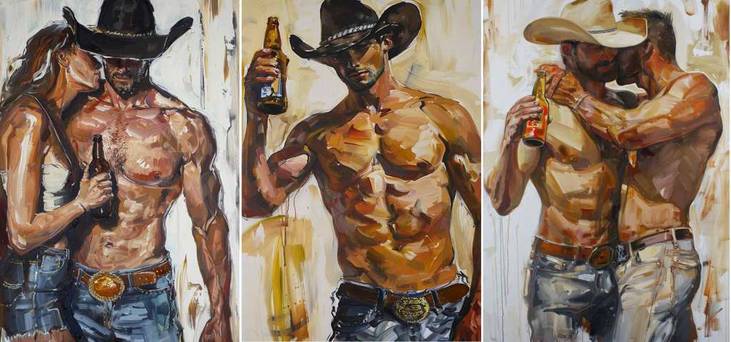 Hot, sexy paintings show shirtless cowboys getting wasted and kissing men and women.