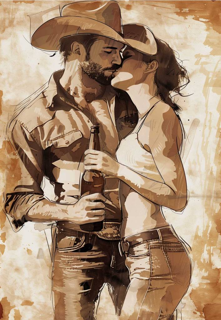Life drawing shows a cowboy and a pretty girl lost in a kiss.