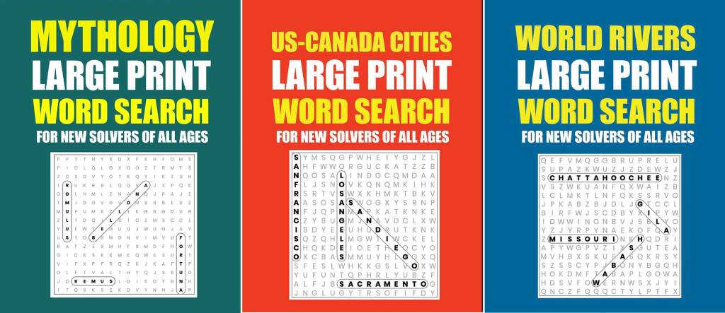 Colorful covers if L.T. Hanlon's word search books.