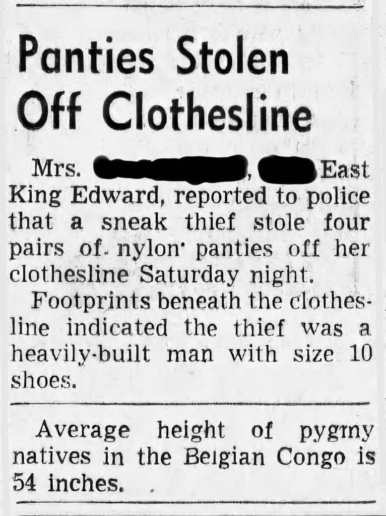 Image of story from April 4, 1955, about panties stolen in Vancouver, B.C.