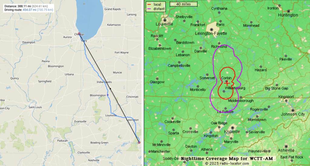 Maps show the distance from Chicago to Corbin, Kentucky, as well as WCTT-AM's nighttime coverage.